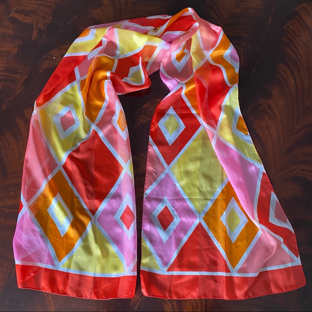 Diamond silk scarf long red pink yellow orange retro mod